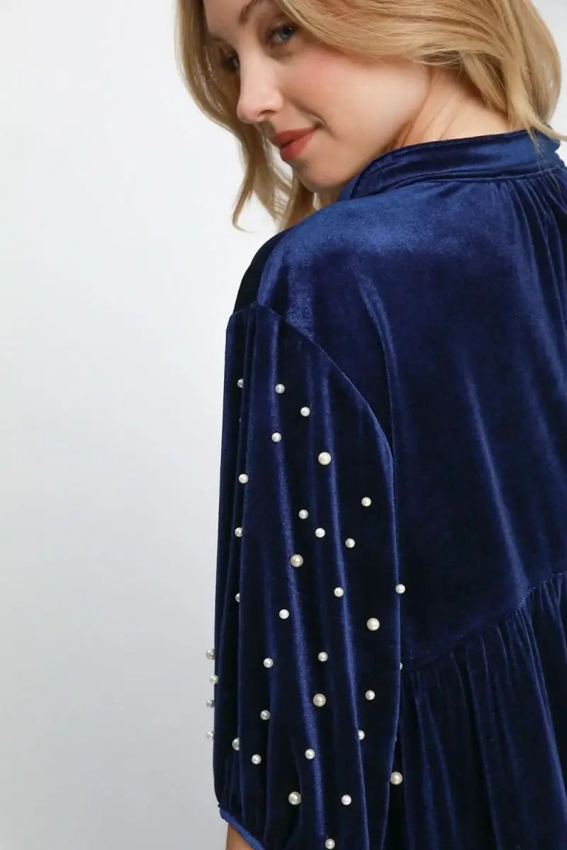 Velvet Babydoll Blouse with Pearl-Embellished Collar - Love Salve